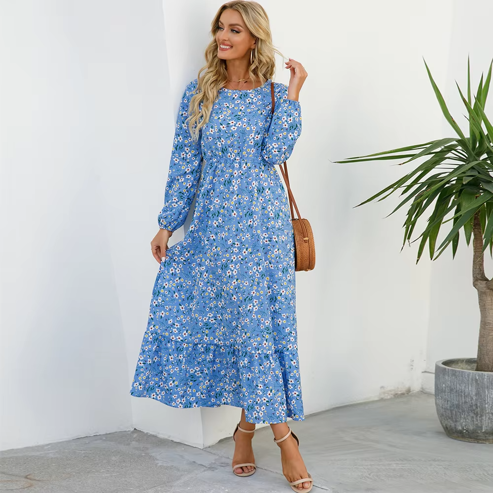 Top Trendy Bohemian Floral Chiffon Maxi Dress – High Waist Full Sleeve Casual Beach Vestidos