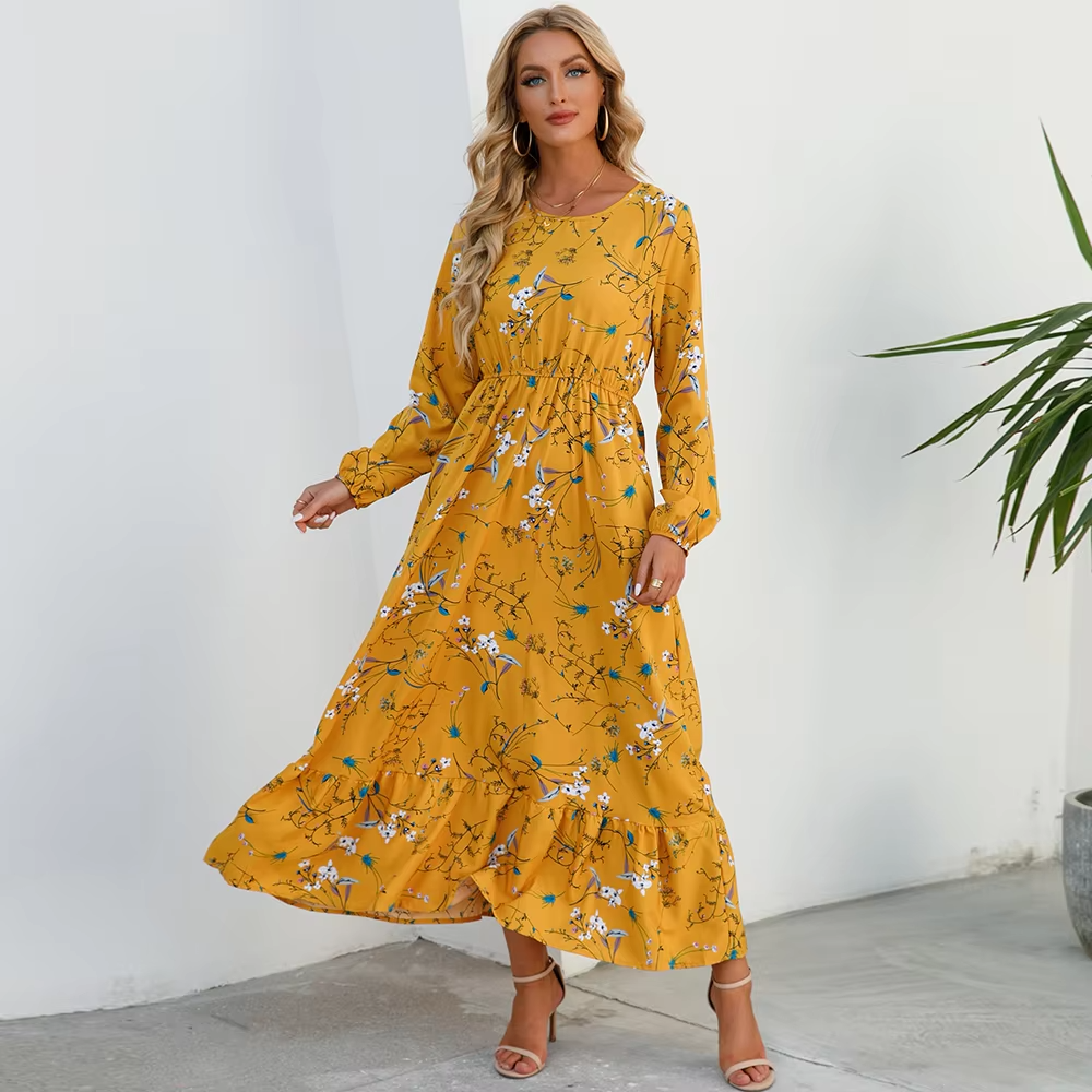 Top Trendy Bohemian Floral Chiffon Maxi Dress – High Waist Full Sleeve Casual Beach Vestidos