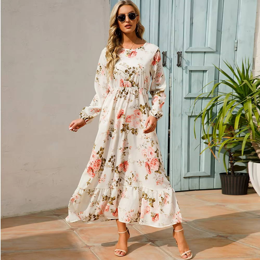 Top Trendy Bohemian Floral Chiffon Maxi Dress – High Waist Full Sleeve Casual Beach Vestidos