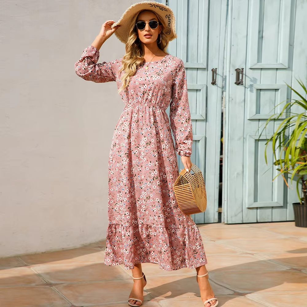 Top Trendy Bohemian Floral Chiffon Maxi Dress – High Waist Full Sleeve Casual Beach Vestidos