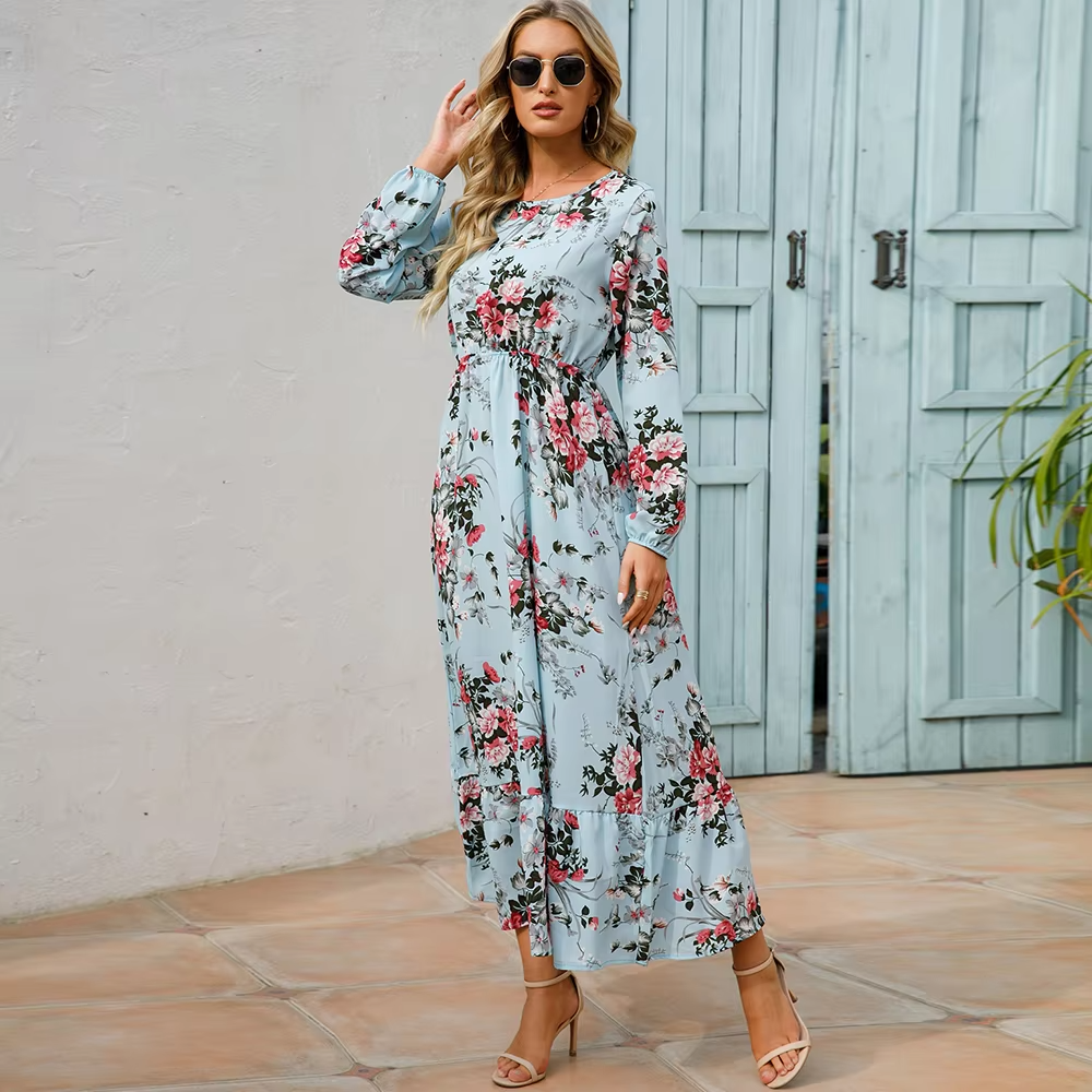 Top Trendy Bohemian Floral Chiffon Maxi Dress – High Waist Full Sleeve Casual Beach Vestidos