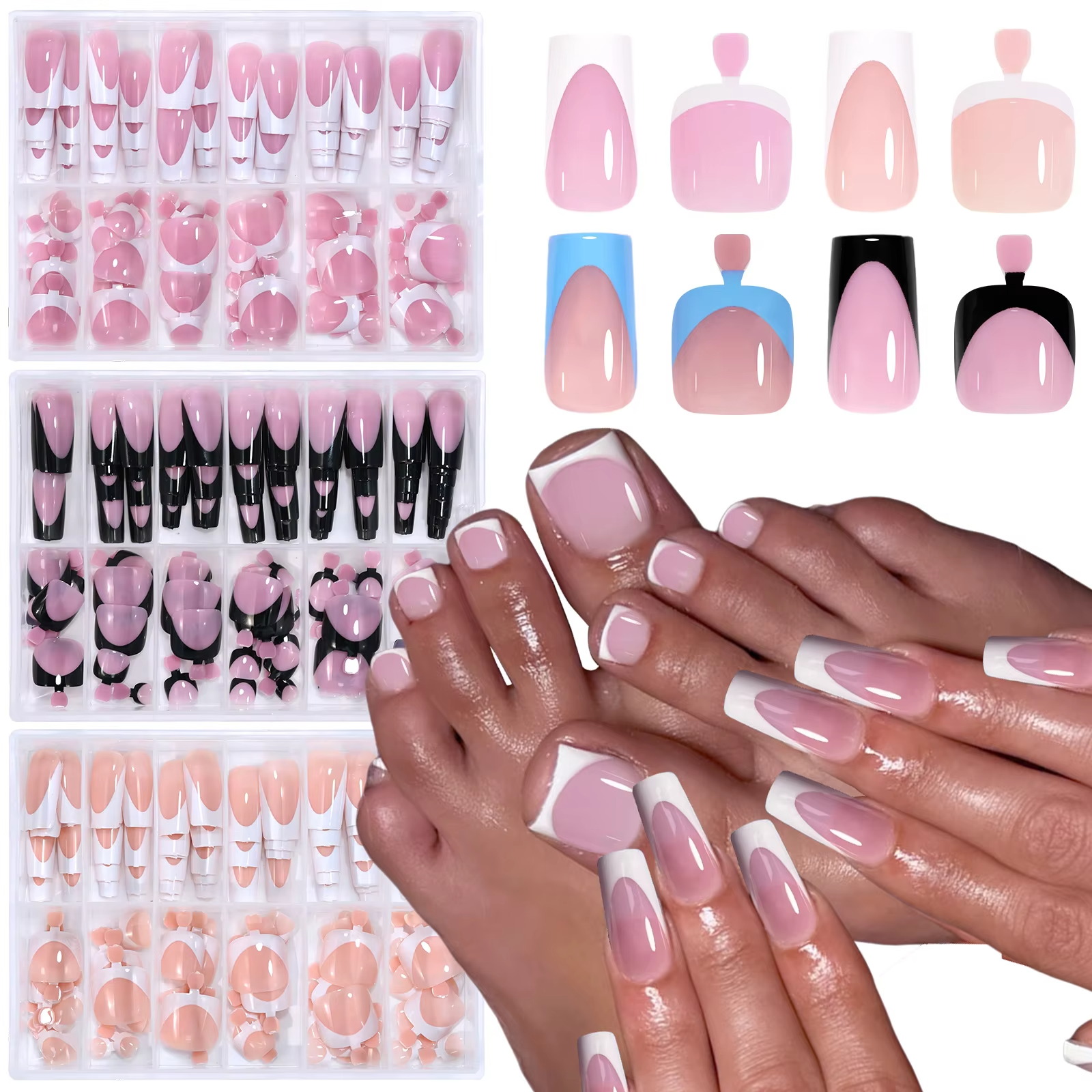 144pcs French Manicure False Nails & Toenails Set – Short Square Acrylic Full Coverage Fake Nails