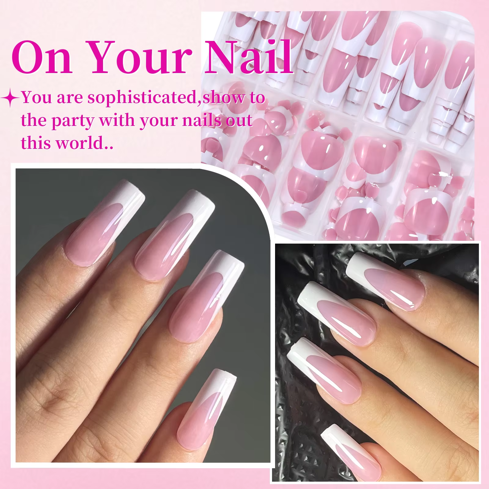 144pcs French Manicure False Nails & Toenails Set – Short Square Acrylic Full Coverage Fake Nails