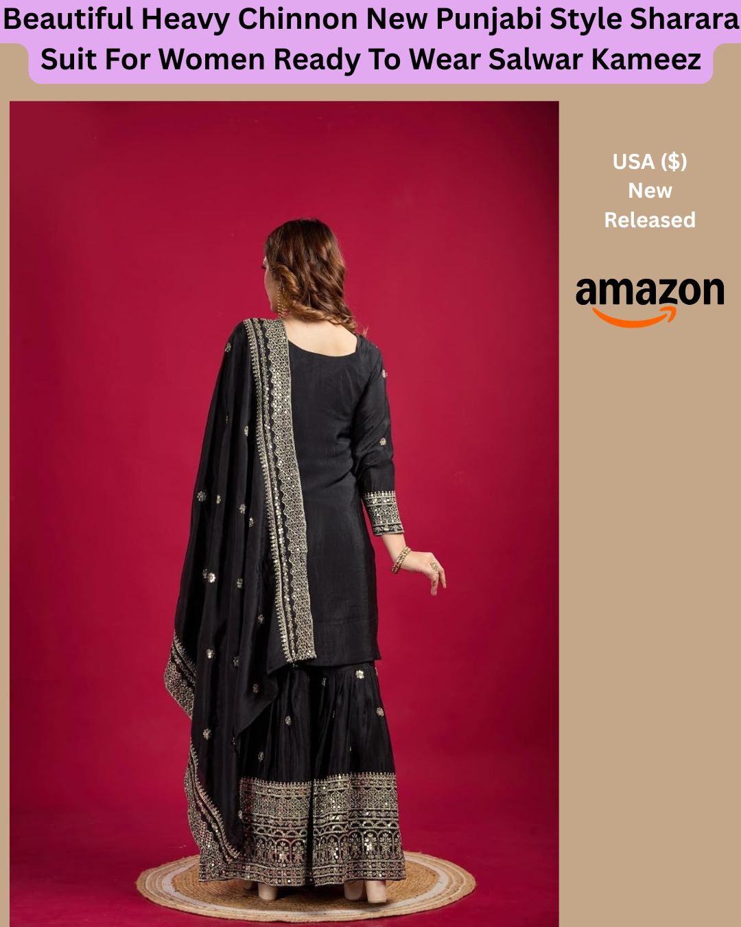 Premium Black Heavy Chinnon Punjabi Sharara Suit Set – Ready To Wear Embroidered Salwar Kameez With Dupatta