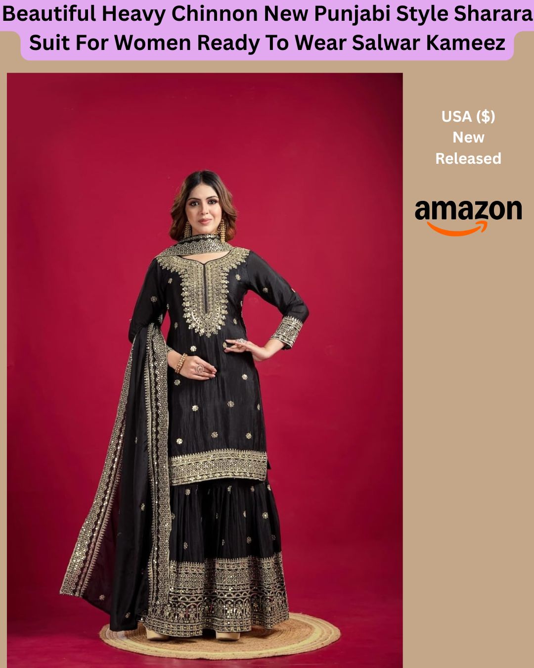Premium Black Heavy Chinnon Punjabi Sharara Suit Set – Ready To Wear Embroidered Salwar Kameez With Dupatta