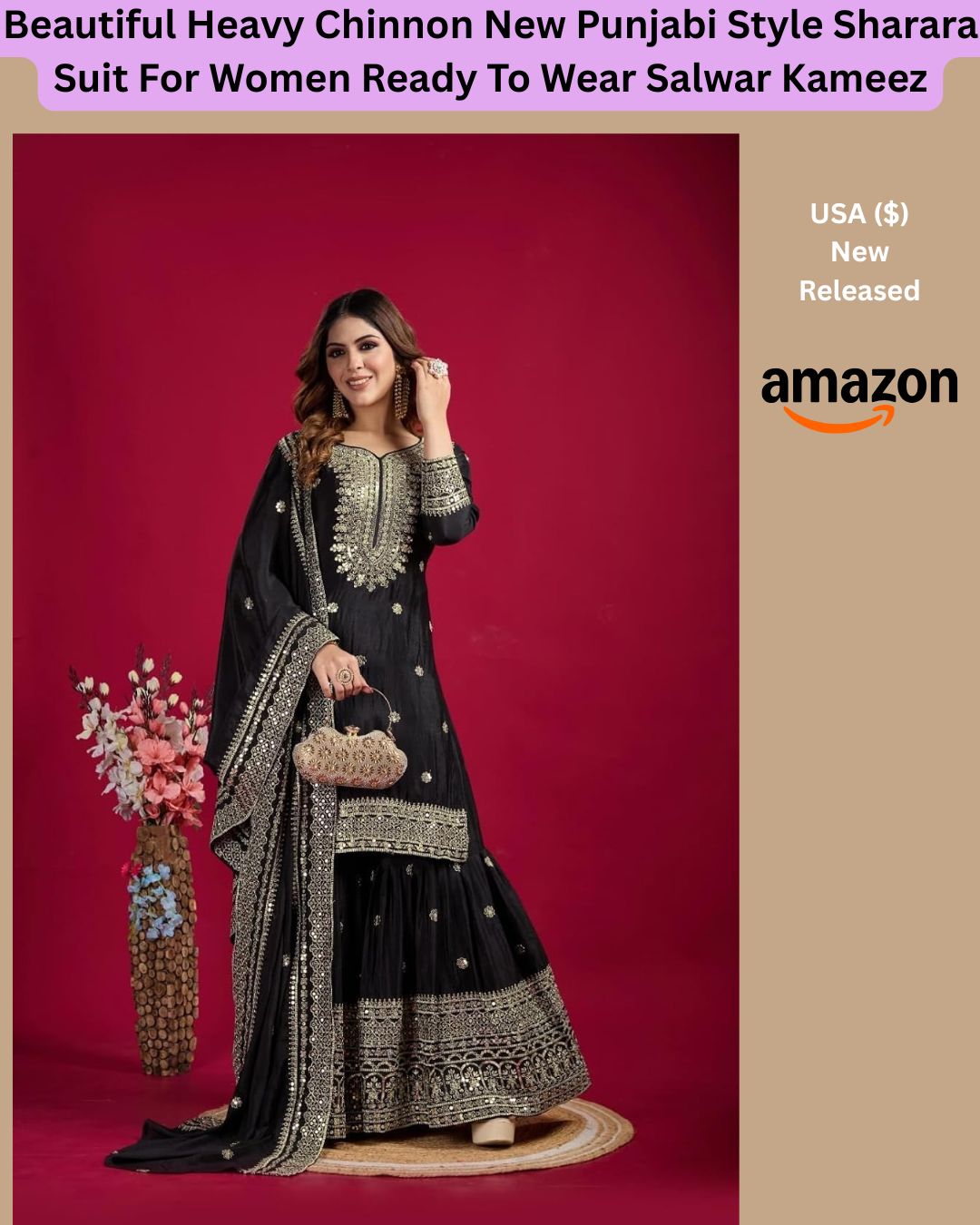 Premium Black Heavy Chinnon Punjabi Sharara Suit Set – Ready To Wear Embroidered Salwar Kameez With Dupatta