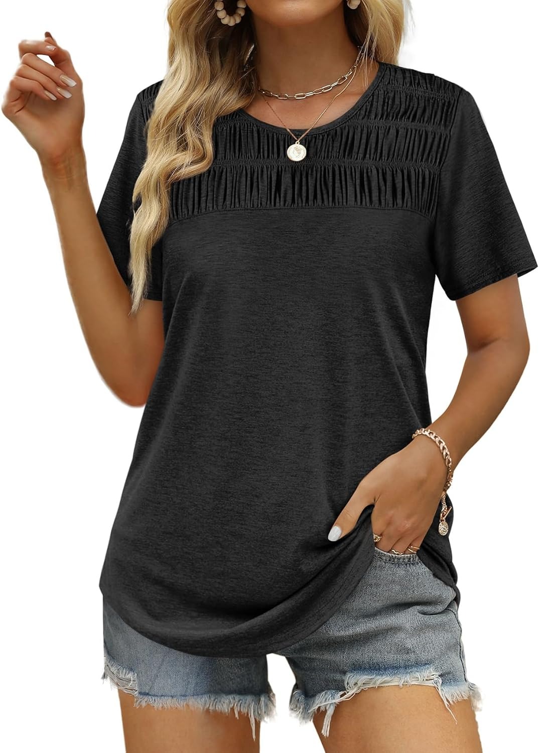 Women's Summer Tops 2026 Trendy Short Sleeve Shirts Smocked Crewneck Tee