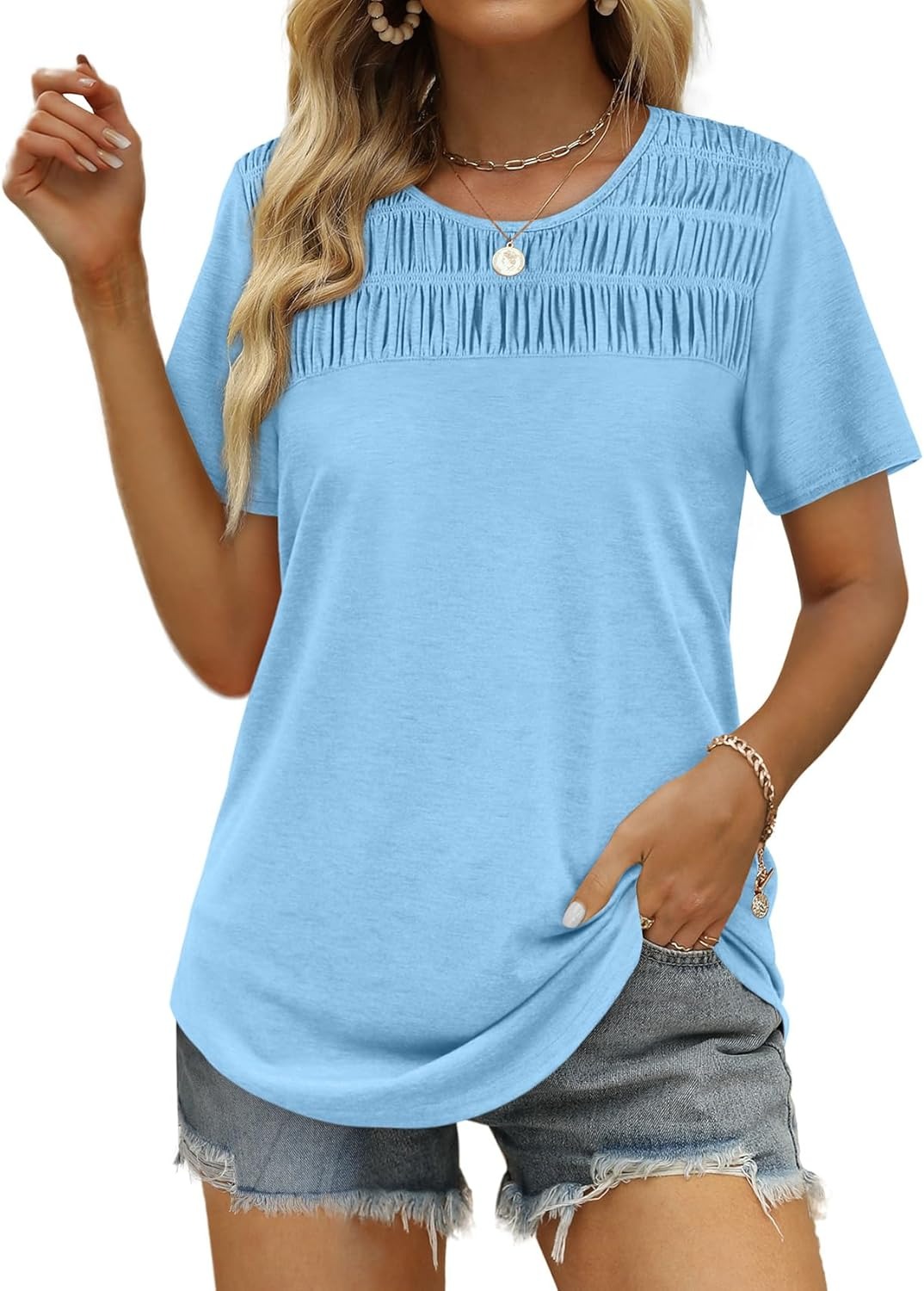 Women's Summer Tops 2026 Trendy Short Sleeve Shirts Smocked Crewneck Tee