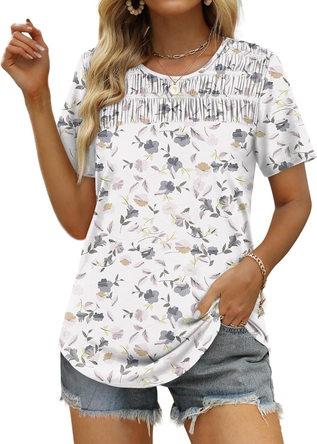 Women's Summer Tops 2026 Trendy Short Sleeve Shirts Smocked Crewneck Tee