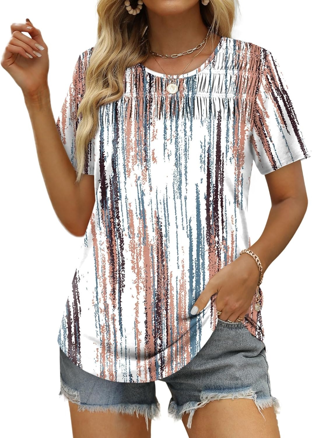 Women's Summer Tops 2026 Trendy Short Sleeve Shirts Smocked Crewneck Tee