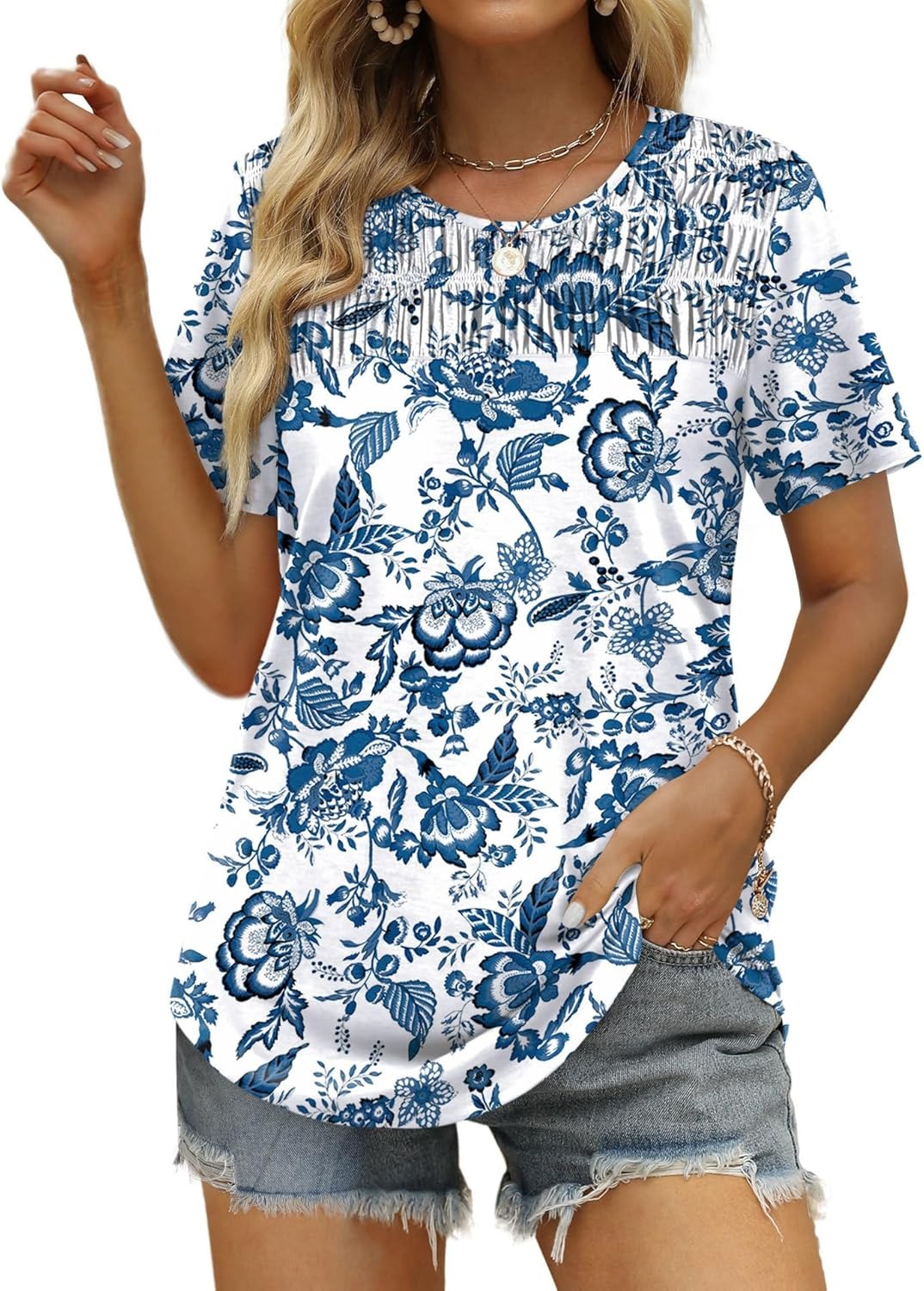 Women's Summer Tops 2026 Trendy Short Sleeve Shirts Smocked Crewneck Tee