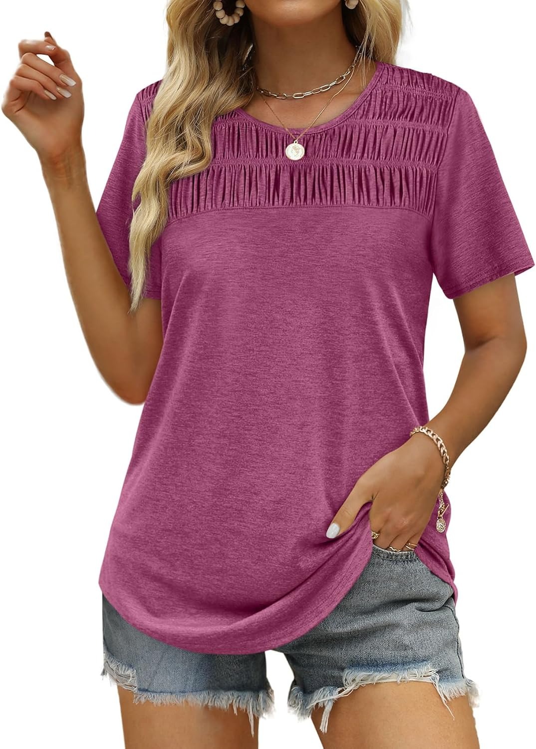 Women's Summer Tops 2026 Trendy Short Sleeve Shirts Smocked Crewneck Tee