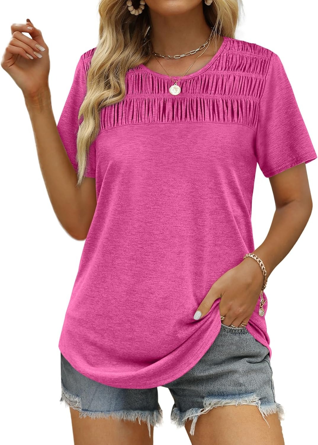 Women's Summer Tops 2026 Trendy Short Sleeve Shirts Smocked Crewneck Tee