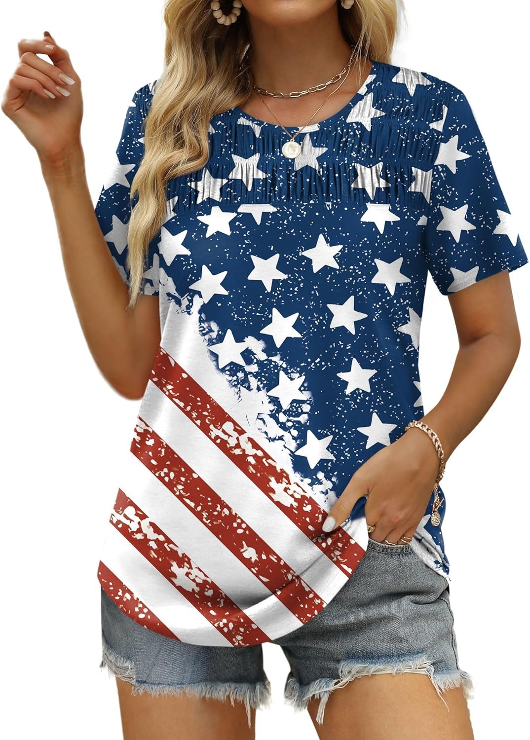 Women's Summer Tops 2026 Trendy Short Sleeve Shirts Smocked Crewneck Tee