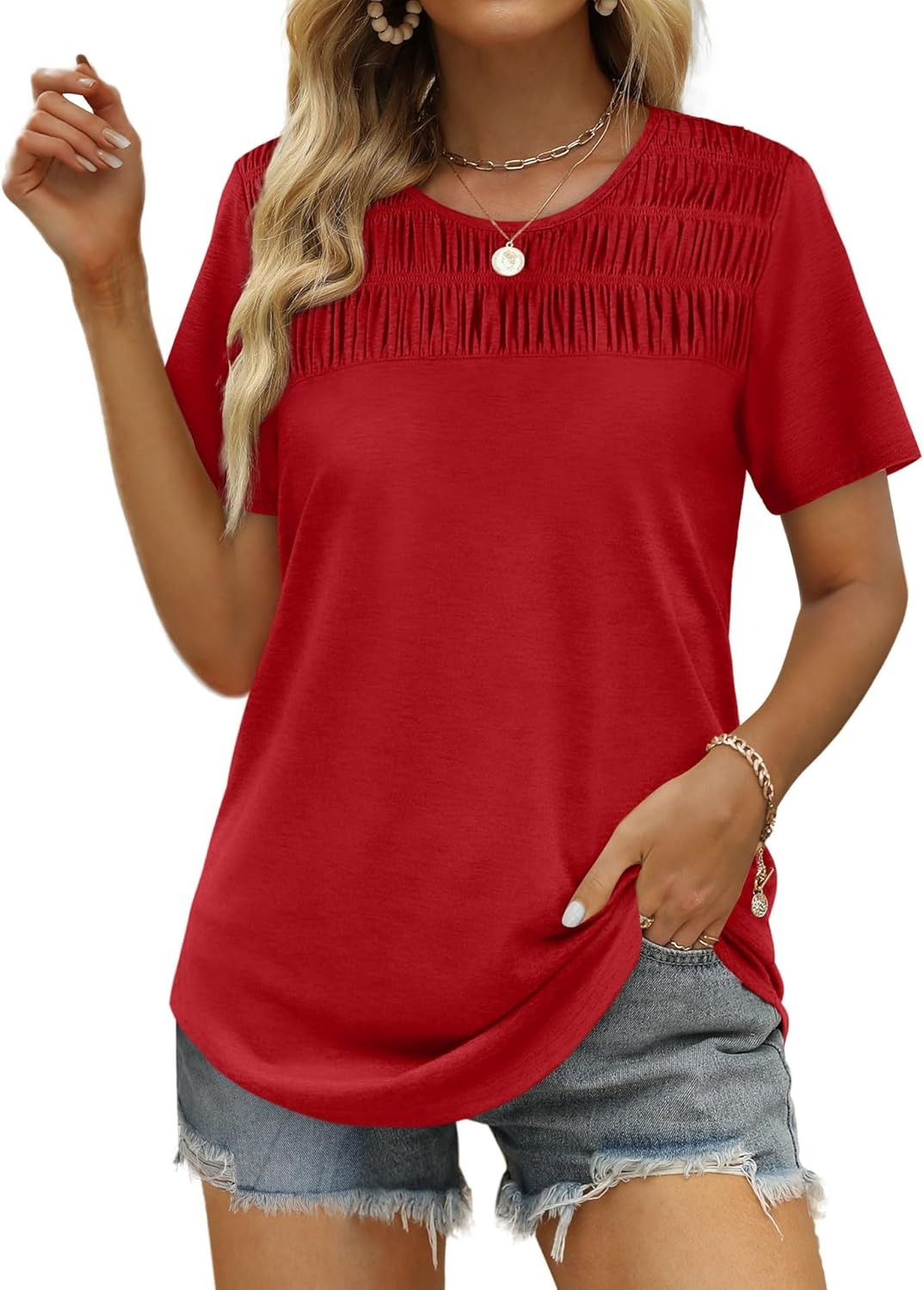 Women's Summer Tops 2026 Trendy Short Sleeve Shirts Smocked Crewneck Tee